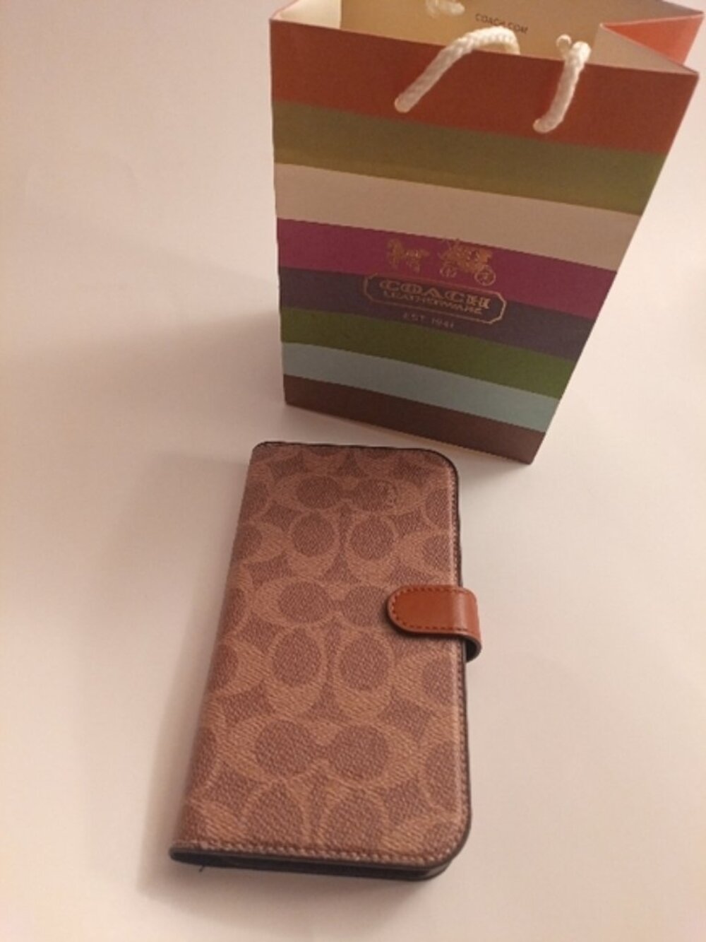 Coach Tan Brown Monogram iPhone 15 Pro Max Case W/Magnetic Closure & Card Slot